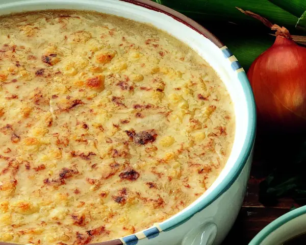 Una ricca zuppa di cipolle gratinata, con crostini dorati e formaggio fuso. Accanto, una cipolla rossa e foglie verdi.