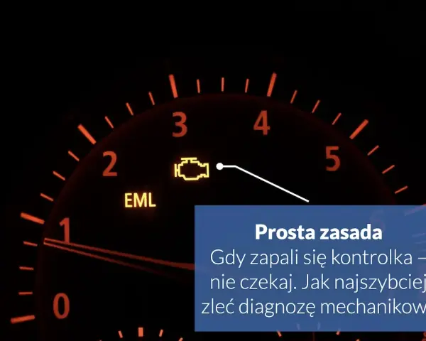 Kontrolka "check engine" (EML) świeci się na desce rozdzielczej. Czy można jeździć? Nie czekaj, jak najszybciej zleć diagnozę mechanikowi.