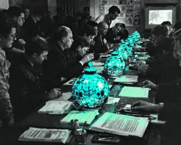 Des hommes en costume, réunis autour d'une longue table, semblent participer à un procès de Tokyo. Des lampes bleues éclairent des documents.