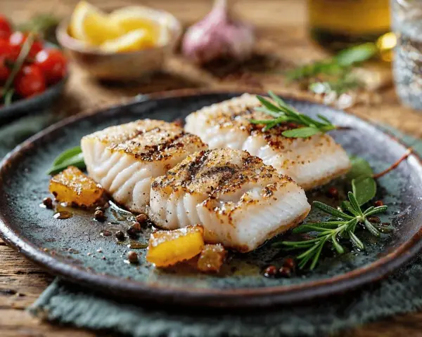 Tre succulenti filetti di merluzzo al forno, conditi con erbe aromatiche e pepe, su un piatto rustico.