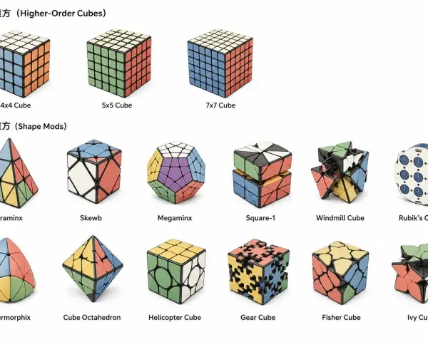 En samling pussel, inklusive en färgglad pyraminx, olika Rubiks kub-varianter och andra former.
