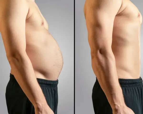 Antes y después: abdomen con grasa y abdomen tonificado. Un cambio radical para eliminar grasa abdominal.