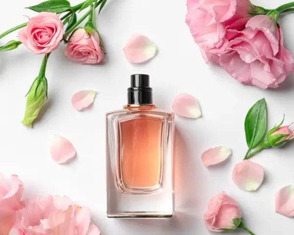 Elegancka butelka perfum z delikatnym, różowym płynem, otoczona pąkami i płatkami róż. Zapach jak słodka jeżyna.