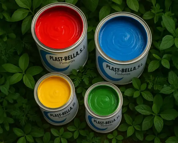 Latas de pintura roja, azul, amarilla y verde listas para pintar plástico.