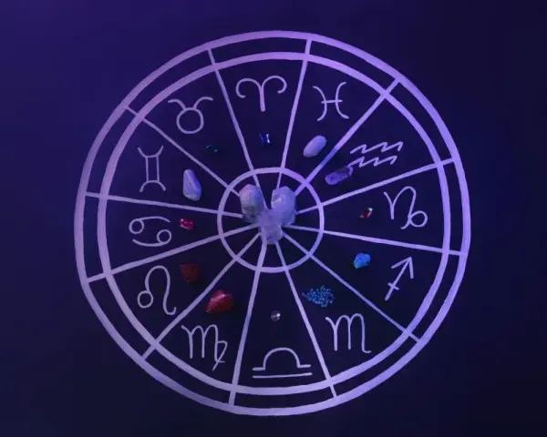 Koło zodiaku z symbolami i kamieniami. Znaki kardynalne astrologia w centrum.