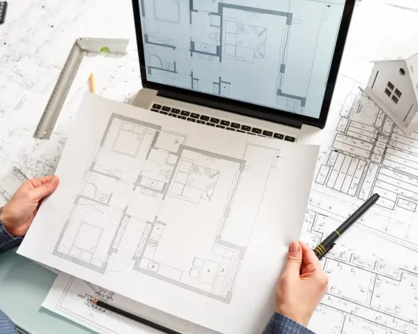 Rysunki techniczne i model domu na biurku. Plan mieszkania od dewelopera w rękach osoby projektującej.