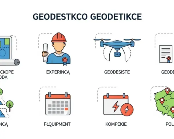 Ikony przedstawiające mapę, geodetę, drona, GPS, teren, kalendarze i mapę Polski.
