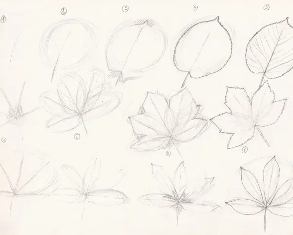 Étapes d'un dessin feuillage facile : esquisses de feuilles de différentes formes, de simples cercles à des formes lobées et dentelées.