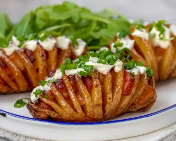Pieczone ziemniaki Hasselback z bekonem, majonezem i szczypiorkiem na talerzu.