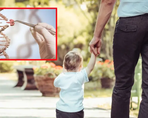 Badanie DNA sugeruje autyzm dziedziczenie po matce. Dziecko trzyma ojca za rękę.