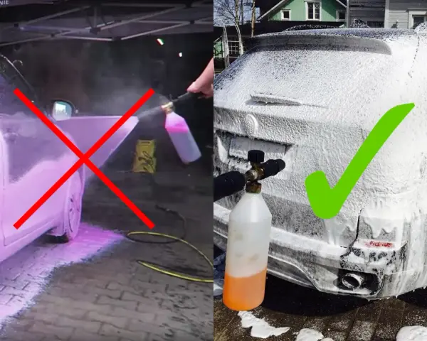 Två bilder visar biltvätt. Vänstra bilden visar felaktig användning av skumrengöring med ett rött kryss. Högra bilden visar korrekt applicering av tjockt skum med en grön bock.