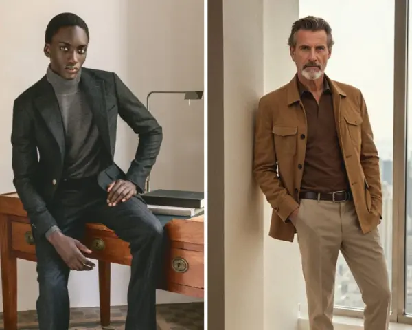 Dos hombres con atuendos business formal. Uno con traje gris y cuello alto, el otro con chaqueta marrón y polo.