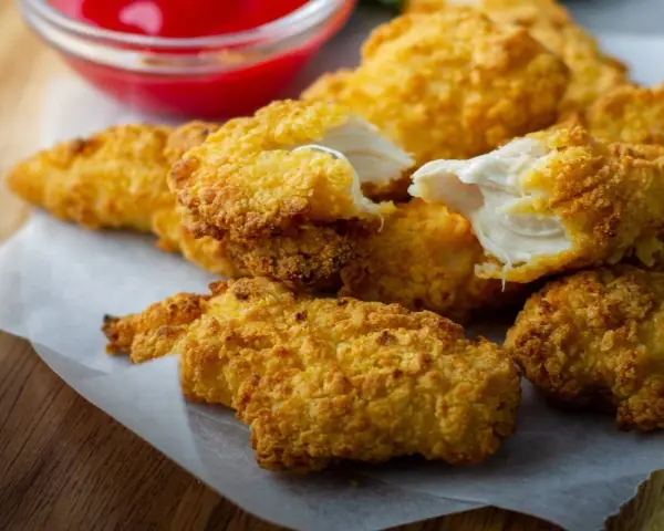 Chrupiące polędwiczki drobiowe kontra domowe nuggetsy. Soczyste mięso w złocistej panierce, gotowe do zanurzenia w keczupie.