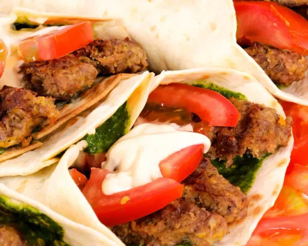 Zbliżenie na kilka kebabów w tortilli z mięsem, pomidorami, zielonym sosem i majonezem.