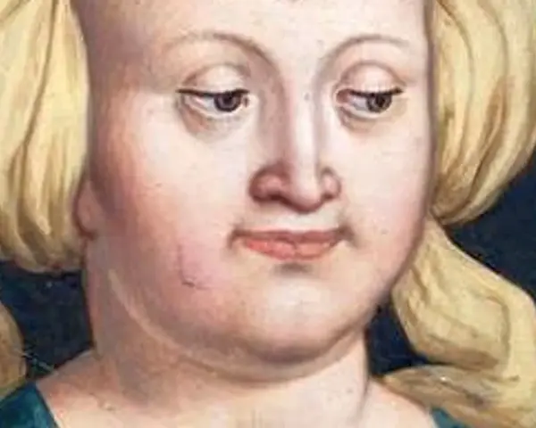 Portret Elżbiety Rakuszanki, która z dumą spogląda na swoich wnuków. Jej blond włosy są upięte w charakterystyczne koki.