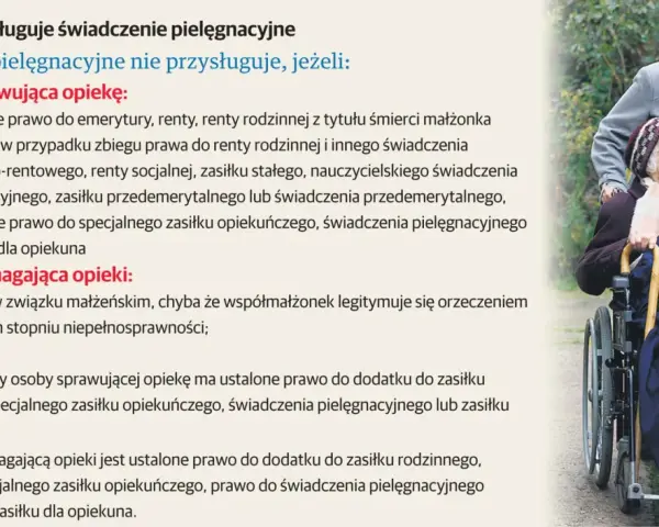 Młoda kobieta pcha wózek z seniorką. Tekst informuje o warunkach przyznawania zasiłku dla opiekuna osoby niepełnosprawnej.