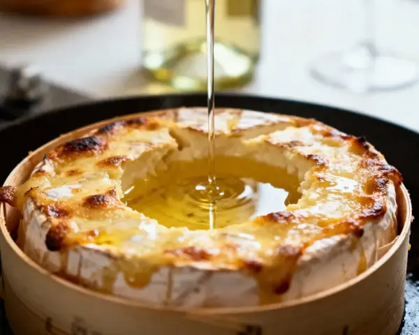 Un mont d'or au four, doré et fondant, est arrosé d'un filet d'huile dans sa boîte en bois.