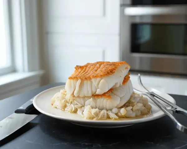 Dos lomos de bacalao a la gallega, dorados y jugosos, reposan sobre una cama de cebolla pochada en un plato blanco.