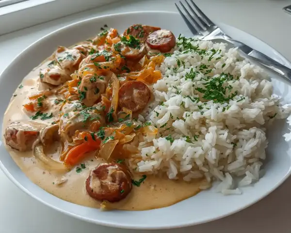 En tallrik med krämig korv stroganoff och fluffigt ris, toppat med färsk persilja. En klassisk svensk rätt som värmer själen.