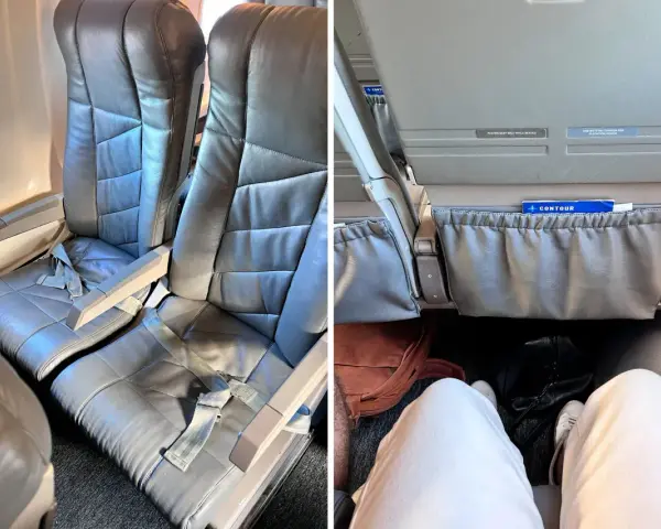 Leather seats on a Contour Airlines flight. The image shows legroom and seat details, offering a glimpse into Contour Airlines reviews.