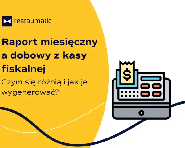 Jak zrobić raport miesięczny na kasie fiskalnej? Grafika przedstawia kasę fiskalną i tekst o raportach.