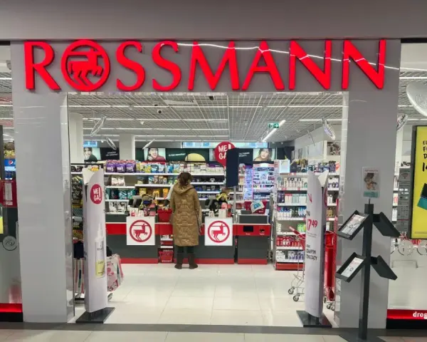 Wejście do drogerii Rossmann. Na ekranie obok reklama formy do pieczenia za 14,99 zł. Sprawdzam rossmann foto cennik.