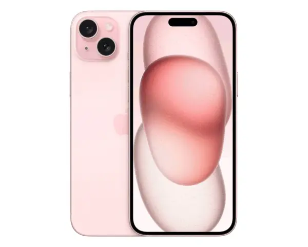 Två rosa iPhones, en framifrån med en abstrakt bakgrund och en bakifrån med dubbla kameror. Perfekt för dig som vill flytta från Android till iPhone.