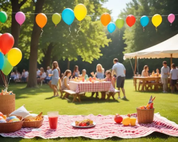 Färgglada ballonger svävar över en picknick med familj och vänner. En härlig dag för roliga femkampsgrenar och gemenskap i solen.