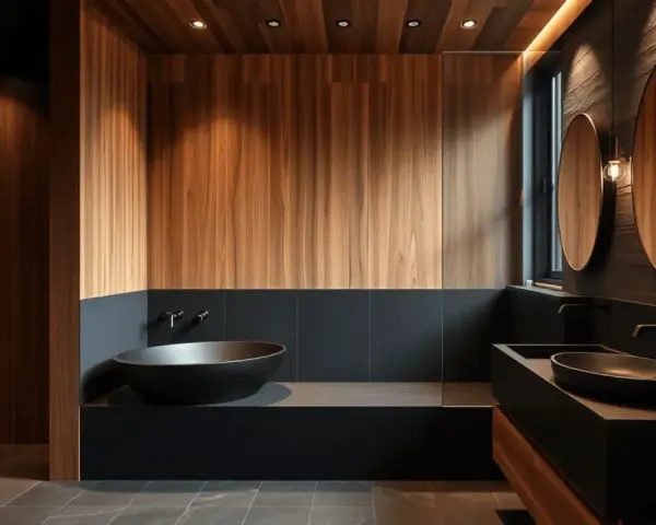 Élégante salle d'eau noir et bois, avec baignoire îlot, double vasque et miroirs ronds.