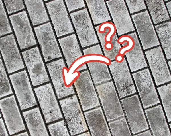 Szare wykwity na kostce brukowej, zaznaczone czerwoną strzałką i znakami zapytania.