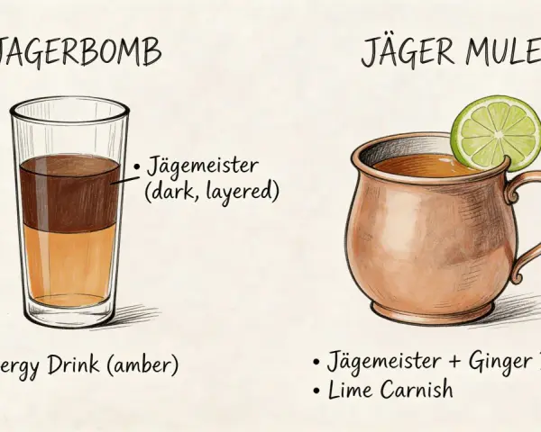 Dwa drinki: Jagerbomb z warstwami Jägermeistera i napoju energetycznego oraz Jäger Mule w miedzianym kubku z limonką.