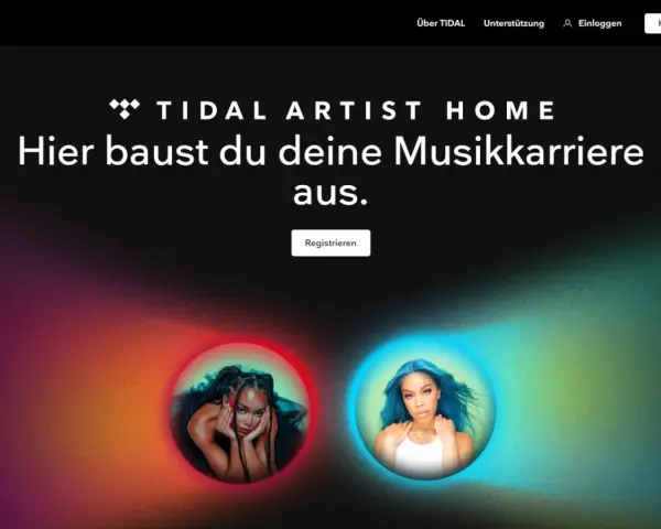 Tidal Artist Home: Hier baust du deine Musikkarriere aus. Zwei Künstlerinnen, eine rote und eine blaue Aura, laden zur Registrierung ein.