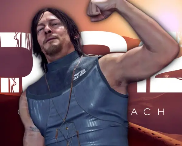 Norman Reedus, con su brazo flexionado, anuncia Death Stranding 2. El paisaje desértico y el logo del juego completan la imagen.