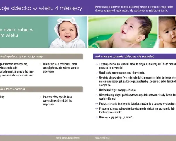 Uśmiechnięte dziecko w białym kapturku, jakby właśnie usłyszało "a kuku". W wieku 4 miesięcy dziecko zaczyna reagować na bodźce, a radość pojawia się, kiedy dziecko klaszcze.