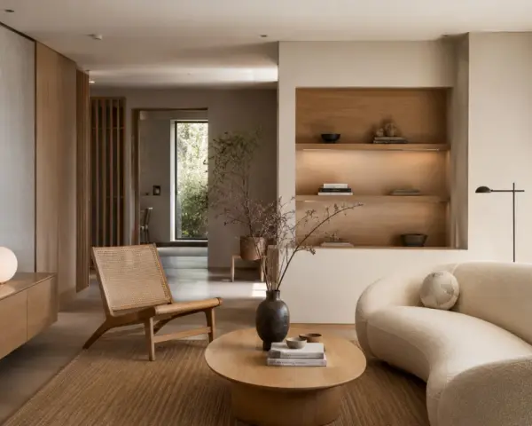 Salón de **estilo Japandi** con sofá curvo, silla de ratán, mesa de centro de madera y estanterías empotradas.