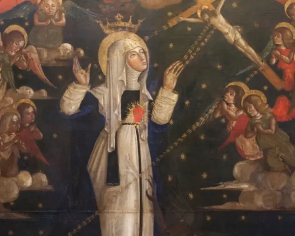 Saint Catherine of Siena, crowned and with a flaming heart, receives stigmata from Christ on the cross, surrounded by angels.