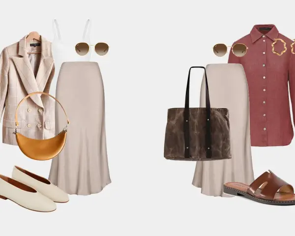 Dwie propozycje stylizacji z beżową spódnicą: elegancka z marynarką i torebką-bagietką, oraz casualowa z koszulą, shopperką i sandałami.