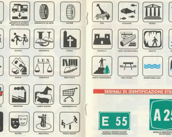 Segnaletica stradale: icone per merci pericolose, scuola, ospedale, zoo, musei, aree naturali e autostrade, come da regolamento codice della strada.