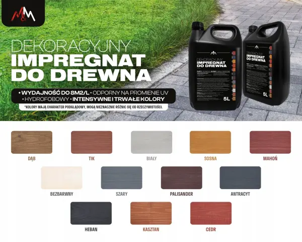 Jaki impregnat do drewna na zewnątrz? Wybierz spośród wielu kolorów: dąb, tik, sosna, mahoń, heban, cedr i innych. Trwały, hydrofobowy, odporny na UV.
