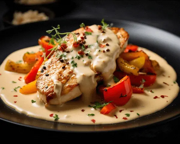 En saftig kycklingfilé med krämig pepparsås och rostade grönsaker. Ett perfekt pepparsås recept för en lyxig middag.
