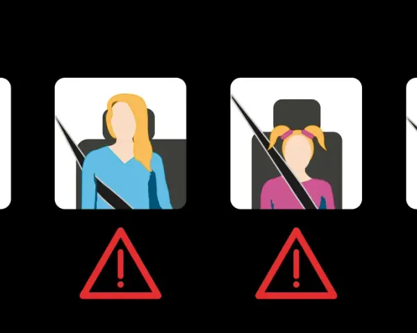 Illustration de personnes en voiture avec ceintures de sécurité : une femme bien attachée (sourire vert), une enfant mal attachée et deux femmes mal attachées (triangles rouges).