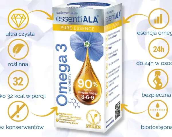 Suplement diety essentiaALA Omega-3 monoestry, z 90% esencją kwasów omega 3-6-9, ultra czysty, roślinny, bez konserwantów, biodostępny, bezpieczny dla kobiet w ciąży i dzieci.