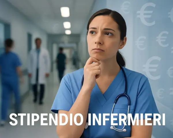 Un'infermiera pensierosa riflette sul suo stipendio, con simboli dell'euro sullo sfondo.