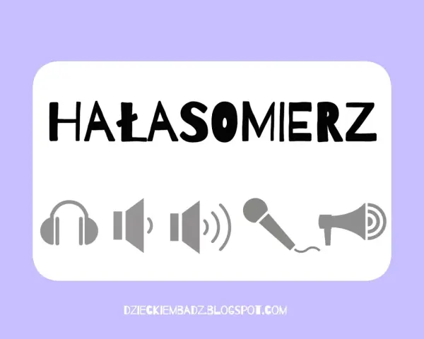 Grafika z napisem "HAŁASOMIERZ" i ikonami: słuchawki, głośniki, mikrofon, megafon. Idealne do zabaw wyciszających w przedszkolu.