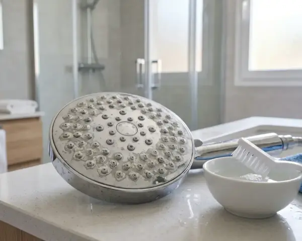 Limpieza de alcachofa de ducha con cal. Cepillo, bol con agua y paño azul listos para ayudarte a como quitar la cal de la alcachofa de la ducha.