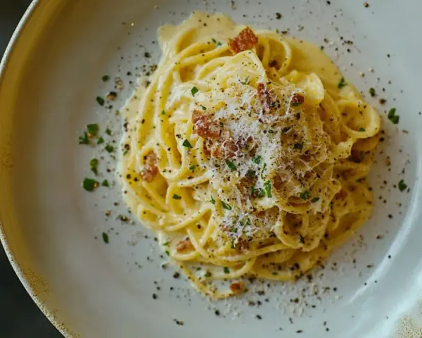 Ein Teller cremiger Spaghetti Carbonara, bestreut mit Pecorino, schwarzem Pfeffer und knusprigen Speckwürfeln.