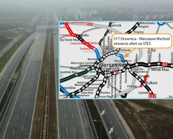 Droga S17, wschodnia obwodnica Warszawy, w budowie. Mapa pokazuje trasę S17 Drewnica - Warszawa Wschód.