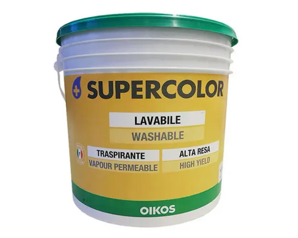 Secchio di pittura Supercolor Oikos. Ideale per sovrapporre pittura traspirante su lavabile, garantisce alta resa e traspirabilità.