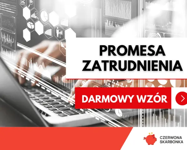 Ręce nad klawiaturą laptopa, nad nimi grafiki z danymi. Na białym tle napis "PROMESA ZATRUDNIENIA" i "DARMOWY WZÓR".
