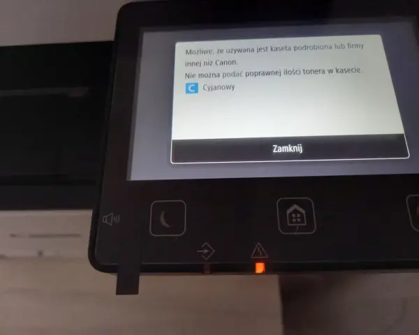 Na ekranie drukarki Canon MF645cx komunikat o nieoryginalnej kasecie z tonerem cyjanowym.
